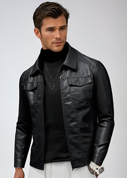TitanStyle Men's Casual Black Leather Coat - Modern Fit with Pockets